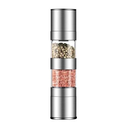 China Viable Hot Selling Kitchen Supplies 2 In 1 Stainless Steel Visual Manual Pepper Grinder Coarse Salt Spice Mill Grinder for sale