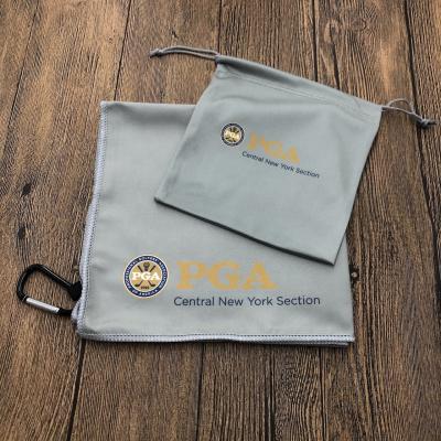 China Custom Viable Promotion Microfiber Sports Towel Golf Towel With Metal Carabiner Hook And Drawstring Tote Pouch Bag for sale