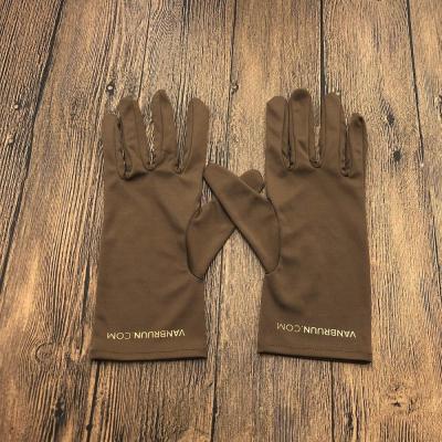 China Wholesale Microfiber Fashion Show Jewelry Soft Dark Brown Uniform Gloves With Foil Gold Color Hot Logo for sale