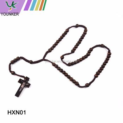 China Trendy wooden rosary bead necklace with cross pendant for sale