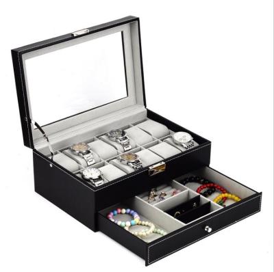 China Wholesale Luxury PU Watch Box Double Layer 12slots Window Watch Box Case Watch Storage Organizer With Drawer for sale