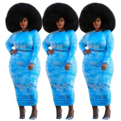 China Newest Anti-wrinkle tie-dye plus size dress stacked fat pleated women dresses casual autumn winter women clothing one piece for sale