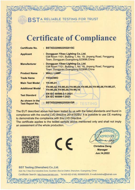 Certification Testing - Product Certificates - Dongguan Yihao lighting Co., LTD