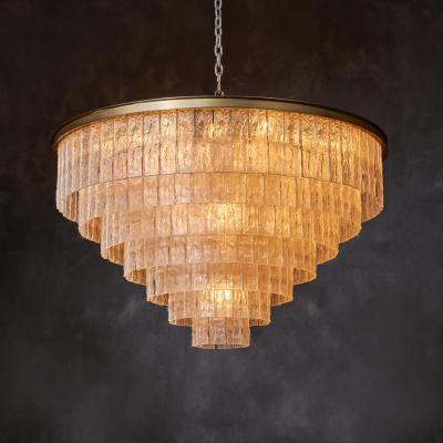 China Bark 7 Ring Round Ceiling Chandelier Pendant Light In Brass And Amber Glass for sale