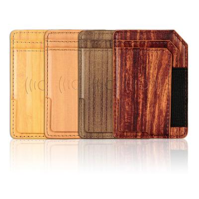 China Hot Sale Wooden Grain Credit PU RFID Card Holder Mini Wallet Sticker Back Cell Shockproof Slim Phone Wallet for sale