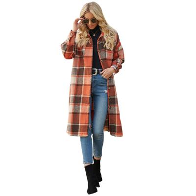 China Long Plaid Autumn Shirt Coat Woolen Coat Women Fashion Casual Jacket Breathable Loose Clothing Coat for sale