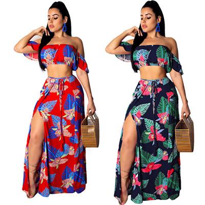 China Breathable African Ladies Printed Ruffle Sleeve Wrap Chest Split Skirt Beach Maxi Dresses 2 Piece Skirt Set Women Clothing for sale