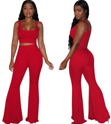 China Solid Color Breathable Sleeveless Crop Women Summer Bell Bottom Bottom Pants Sports Wear Set Two Piece Tracksuits for sale