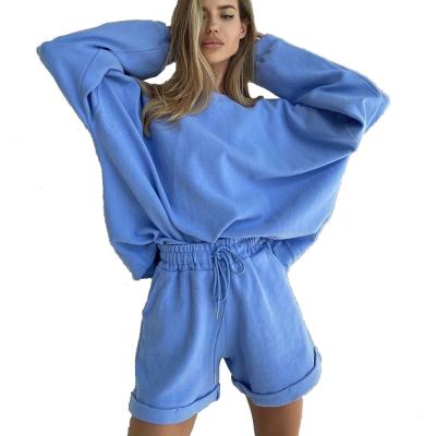 China Autumn Women Breathable 2pcs Sleeve Solid Color O Neck Blouse Shirt Long Loose Shorts Two Piece Fashion Suit Casual Lounge Wear for sale