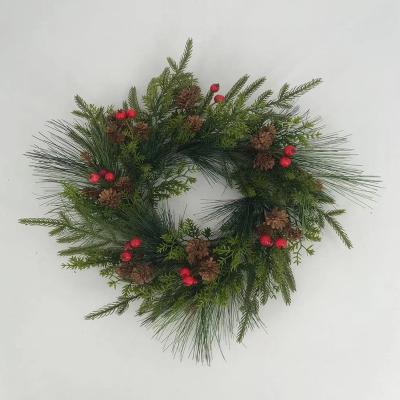 China Artificial Christmas Ornament 16.5cm Diameter Wall Hanging Pine Wreath With Red Berries for sale