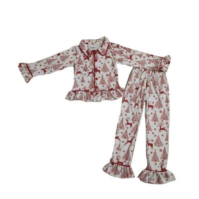 China Girls Casual Spring Pajamas Long Sleeve Ruffle Christmas Printing Soft Breathable Kids Outfits for sale