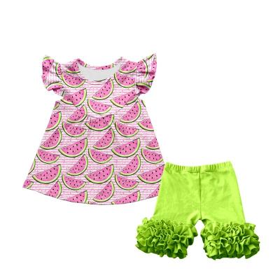 China Summer Outfits Watermelon Fabric Casual Girls Bead Sleeve Ruffle Shorts In Wholesale for sale