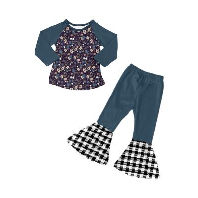 China Fashion Casual Bell Bottoms Pants Toddler Kids Boutique Winter Babies Plaid Set Outfits for sale