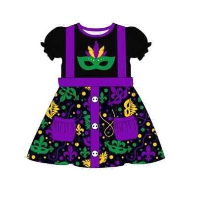 China New Arrival Girls Casual Costume Toddler Summer Puff Sleeve Mardi Gras Cloth Outfits With Pockets for sale