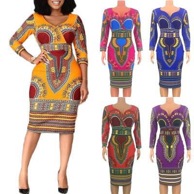 China Breathable African Ethnic V-Neck Three Quarter Sleeve Dress Women's Mid Length Tight Skirt for sale