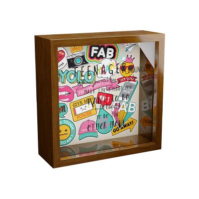 China Eco-Freindly Customized Piggy Bank 3D Shadow Plain Printed Wooden Glass Box Frame for sale