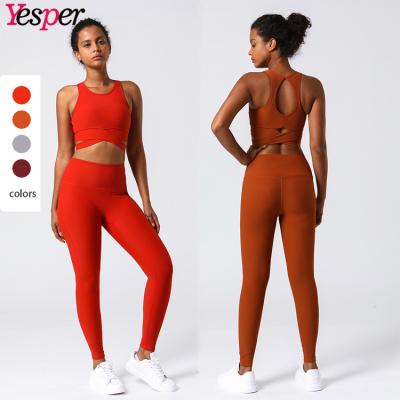 China Hot Sale Women Breathable Yoga Leggings Set Fitness Workout High Waist Sporty Wear Ribbed Gym Yoga Set for sale