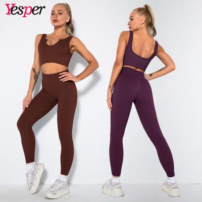 China Breathable Sport Yoga Bra Fitness Wear Backless Leggings Set Women Yoga Equipment Seamless Set for sale