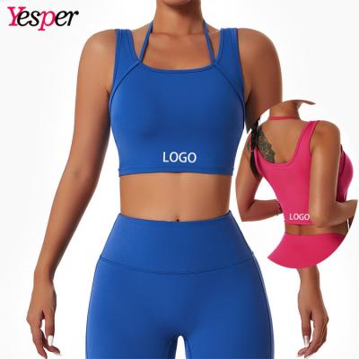 China Hot Sale Breathable U Neck Yoga Crop Tops Beauty V Back Solid Color Women's Sports Backless Bras for sale