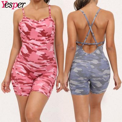 China Logo Women Solid Halter Backless Yoga Shorts Sports Wear Gym Breathable Custom Active Workout Romper One Piece Jumpsuit for sale