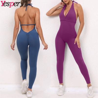 China Breathable Custom Logo Women Solid Halter Backless Sports Wear Gym Fitness Workout Active Yoga Jumpsuit for sale