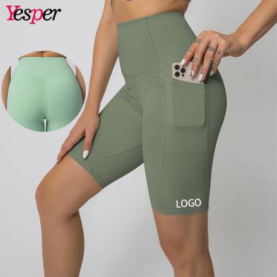 China Custom Ladies Active Wear Fitness Yoga Shorts Breathable With Pocket Shorts High Waist Hip Fitness Sports Quick Dry Recycling Lifting Shorts for sale