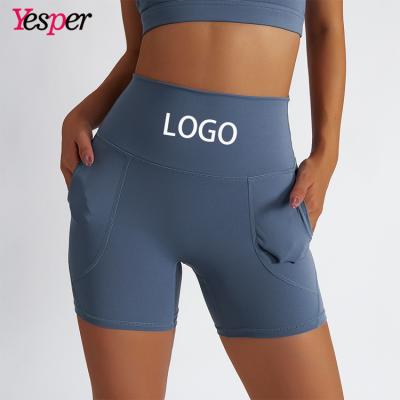 China Breathable Eco-Friendly Recycled Yoga High Waist Pocket Gym Double Shorts Fitness Women Yoga Biker Shorts Butt Lift Sports Shorts for sale