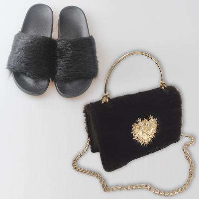 China Custom Made Lady Crossbody Bag Purses Fashion Trend Black Fur Slides Women Faux Sandals and Slippers Sets for sale