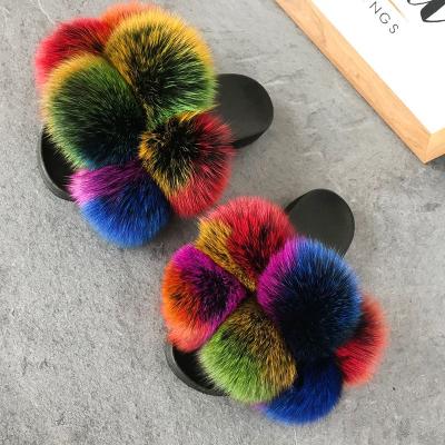 China Custom Pom Pom Slides Ball Slippers Real Fox Fur Kids Light Fluffy Furry Shoes Women Large for sale