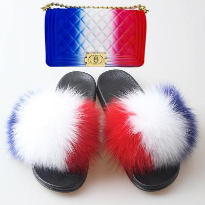 China Lightweight Real Fox Fur Shoes Women Animal Cross - Body Messenger PVC Bag Sets Fur Slippers for sale