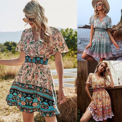 China Breathable Verano de vestidos 2021 Summer Fashion Boho Print V-Neck Elegant Casual Dresses Ladies Women A-Line Slim Dress for sale