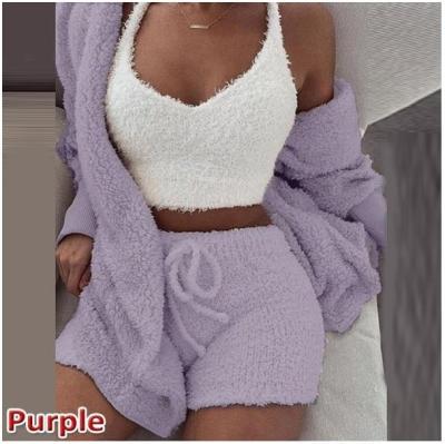 China 2022 Wholesale Home Wear Casual Oversize Fluffy Plush Spring Sweater Cardigan Loungewear Breathable Hooded Women Three Piece Set for sale