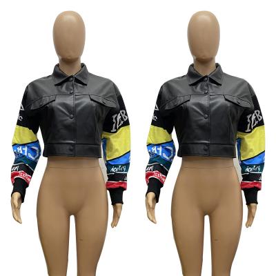 China Customized Reversible EDM Logo 2021 Winter Ladies Black Leather Jacket Turn-Down Collar Plus Velvet Pu Leather Short Jacket for sale