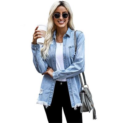 China 2021 Autumn Ladies Reversible British Distressed Elasticity Plus Size 2XL MidiDenim Women's Distressed Long Sleeved Hole Lattice Jackets And Coats for sale