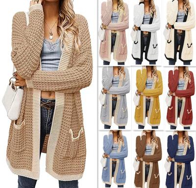 China Wholesale 2021 Breathable Autumn Ladies Long Sleeve Patchwork V-Neckline Loose Knitted Casual Cotton Women Casaco Cardigan Sweater Coat for sale