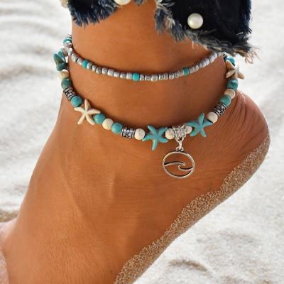 China Fashion Silver Beads Eco-Friendly Starfish Beach Yoga Boho Bracelet Anklet Foot Jewelry Anklets For Women for sale