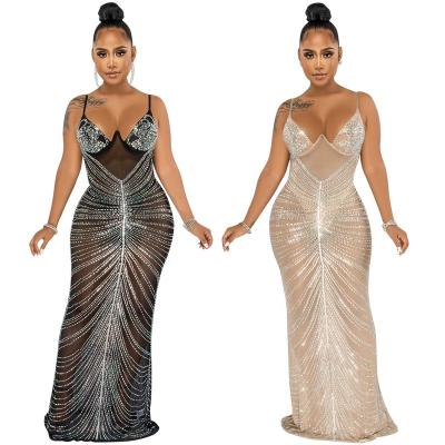 China Anti-Static Sexy Women Rhinestones Slip Sleeveless Ladies Club Dresses for sale