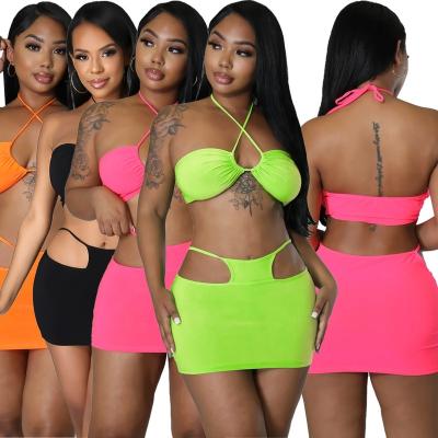 China Wholesale Cheap QUICK DRY Sexy Skirt Sets Women 2 Piece Outfits Ropa Playa Halter Tops Mini Skirts 2 Piece Set Summer Women Bikinis Set for sale