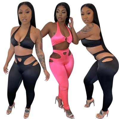 China Anti-pilling 2022 Sexy Club Wear Women's Sets Hollow Out High Waist Long Pants Main Halter 2 Piece Set Women Two Piece Outfits for sale