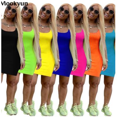 China Mookyun Anti-Static 2021 Women Sexy Mini Casual Dress Summer New Fashion Solid Color Bodycon Hot Sleeveless Tank Dress for sale