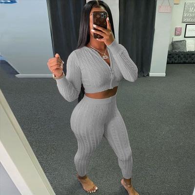 China Breathable 2021 New Arrivals Knitted Zipper Hoodie Cardigan Sweatpants Bodycon Two Piece Sets Women for sale