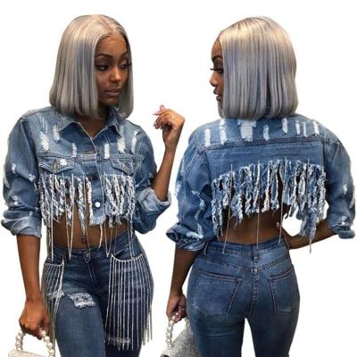 China Jean Coat Breathable Stylish Ripped Distressed Clothing Womens Fashion Boutique Best Seller Tassel Crop Denim for sale