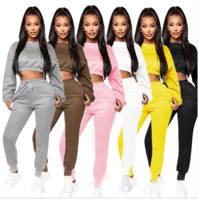 China 2021 Anti-Wrinkle Sold 2 Piece Joggers Color Woman Winter Sets Fleece Crop Top Hoodie Women Two Piece Outfits Pants for sale