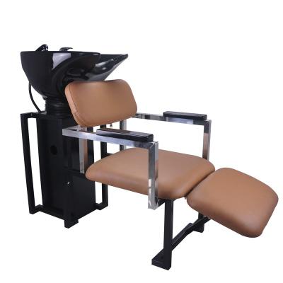 China Modern cream gold stainless steel frame beige synthetic leather shampoo chair for hair beauty salon Barber Shop for sale