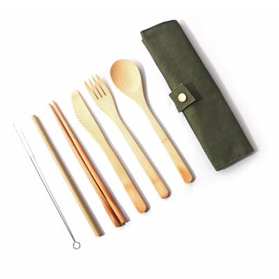 China Travel Sustainable Bamboo Utensils Flatware Reusable Bamboo Set Include Straw Clean Brush Knife Fork Spoon With Carry Bag for sale