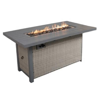 China Rattan-Look Outdoor Heater Gray Striped Desktop 50000 Btu Ignition Sliding Door Gas Fire Pit Table Garden Fire Pit Furniture Set for sale