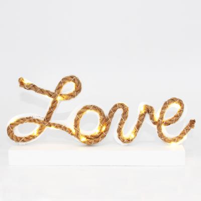 China Commercial Use Hello LOVE Wooden LED Sign Rope Cooper Battery Operated Light for sale