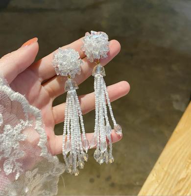 China Designer Brands Earrings CLASSIC Crystal Flowers Female Long Tassel Pearl Drop Earrings for sale