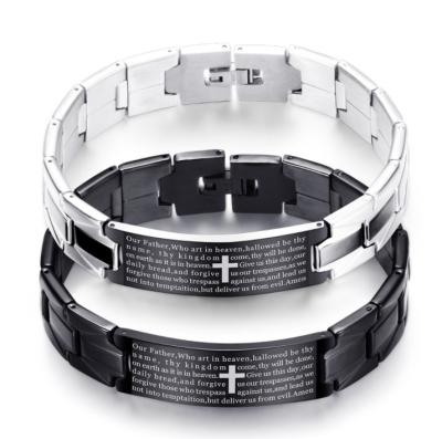 China Vintage Simple Geometric Sanskrit Bible Cross Bracelet For Men Black And White Stainless Steel Bracelet for sale