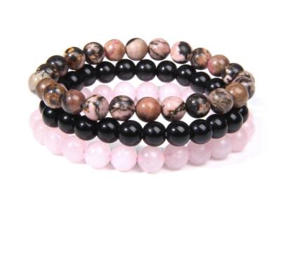 China CLASSIC 8mm hot seller natural pink crystal bracelet with red wood grain three piece elastic bracelet with female/male for sale